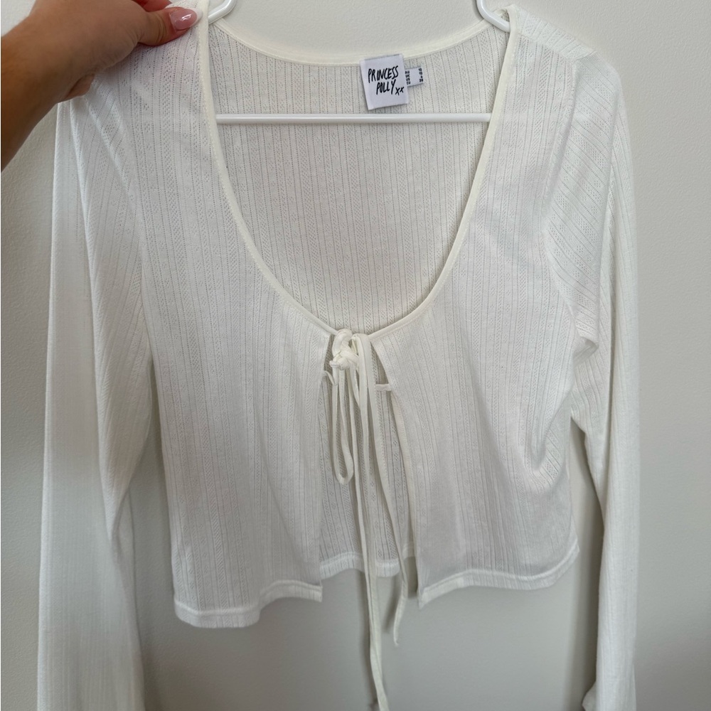 Princess Polly Cream Ribbed Tie-Front Crop Top